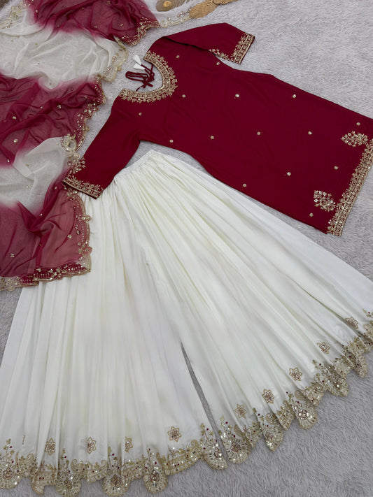 Lovely Maroon Crepe Sequence Work Sharara Suit