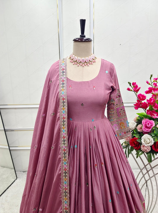 Stunning Embroidery Work Lavender Color Anarkali Gown