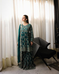 Beautiful Embroidery Work Green Color Sharara Suit