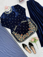 Stylish Blue Velvet with Sequence Work Plazo Suit
