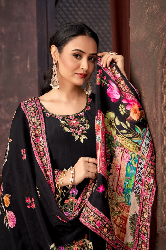 Digital Print Black Color Mirror Work Palazzo Suit
