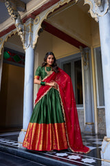 Wonderful Zari Weaving Work Green & Red Color Lehenga Choli