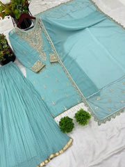 Imposing Heavy Embroidery Sequence Work Rama Color Sharara Suit