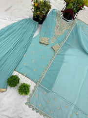 Imposing Heavy Embroidery Sequence Work Rama Color Sharara Suit