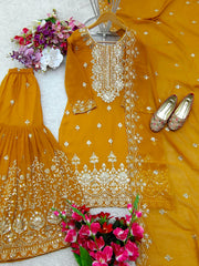 Fabulous Georgette Mustard Color Sharara Suit