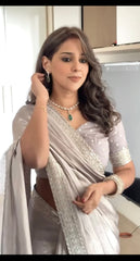 Glorious Sequins And Embroidery Work Grey Color Designer Saree