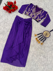 Attractive Purple Chinon Silk Embroidery Dhoti Suit