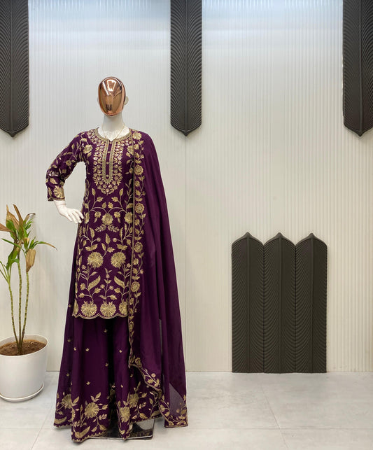 Wine Color Embroidered Chinon Palazzo Suit