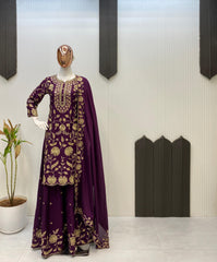 Wine Color Embroidered Chinon Palazzo Suit