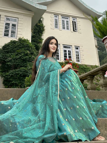Adorable Green Simmer Silk Embroidery Anarkali Suit