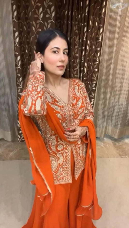 Occasion Wear Chinon Embroidery Work Orange Color Sharara Suit