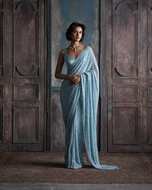 Fabulous Khichdi Sequence Embroidery Work Sky Blue Color Saree