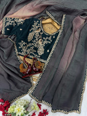 Designer Shaded Black Color Space Silk Sequence Work Saree