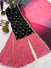 Stylish Black Crushi Silk Sequence Work Sharara Suit
