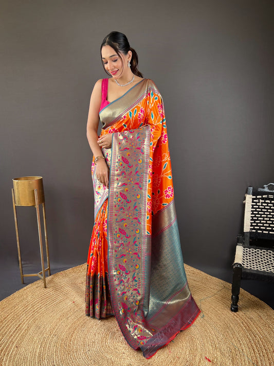 Gorgeous Silk Patola Weaving Orange Color Saree