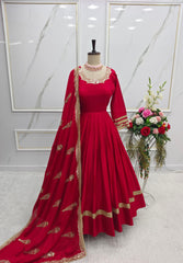Decent Chinnon 5mm Sequence Work Red Color Gown