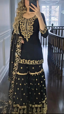 Occasion Wear Black Colour Embroidery Work Sharara Suit