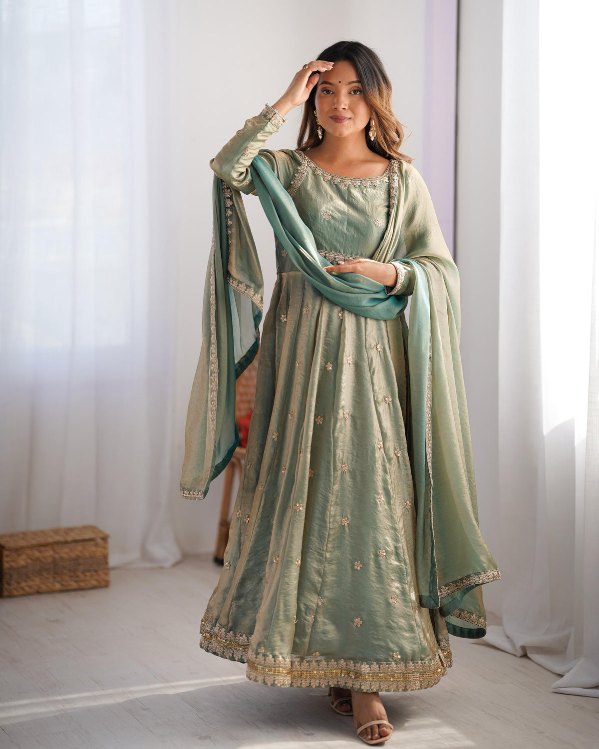 Shining Sequence Work Green Color Silk Gown
