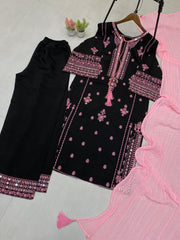 Stylish Black Color Roman Silk Embroidery Work Palazzo Suit