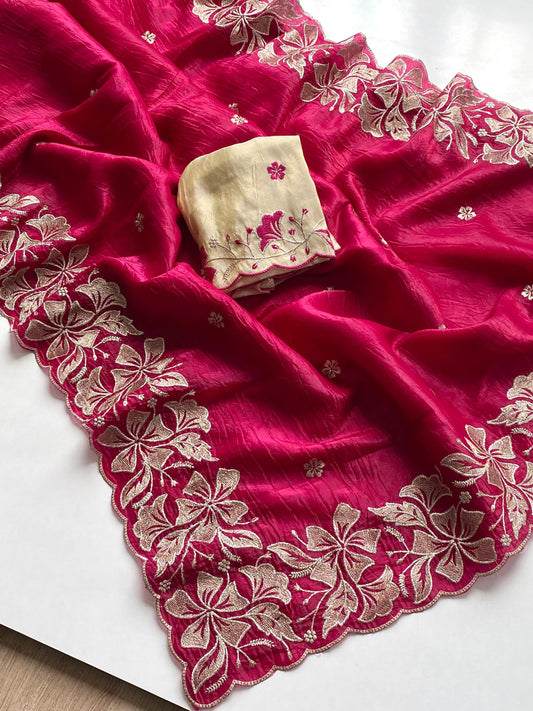 Festive Wear Pink Color Flower Embroidery Silk Saree