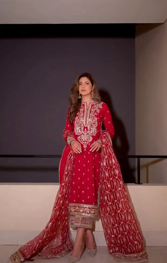 Heavy Work Red Color Roman Silk Salwar Suit