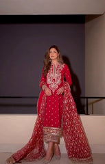 Heavy Work Red Color Roman Silk Salwar Suit