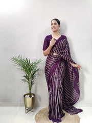Awesome Georgette Sequins Work Wine Color Ready To Wear Saree