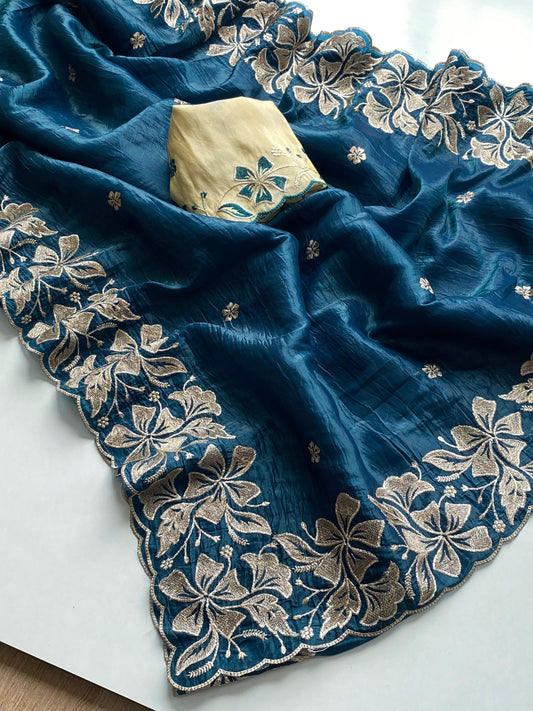 Festive Wear Blue Color Flower Embroidery Silk Saree