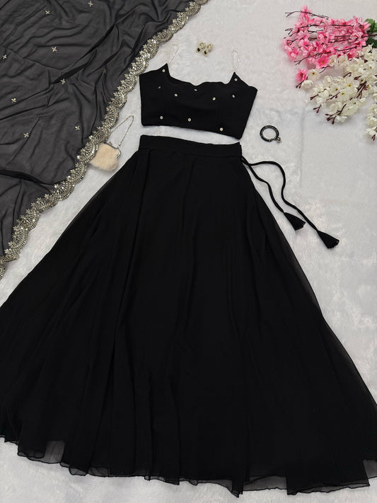 Black Color Pearl Embellished Lehenga Set