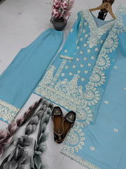 Elegant Embroidered Sky Blue Color Palazzo Suit Set