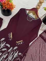 Wine Color Punjabi Style Suit With Dupatta