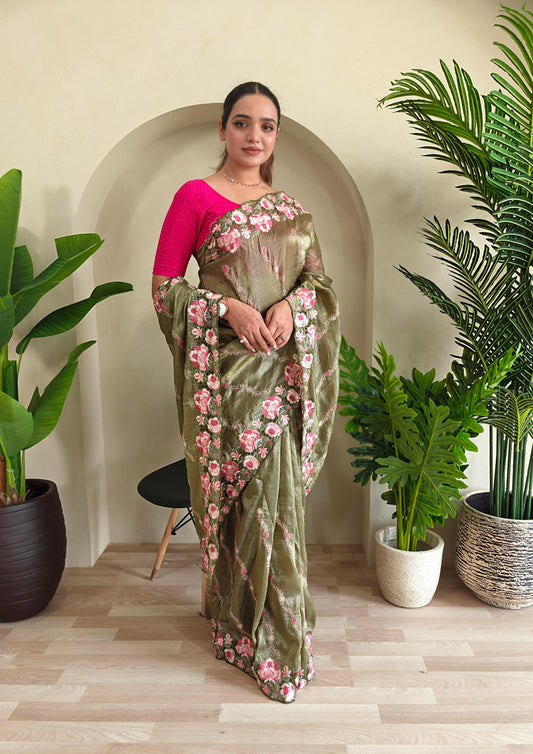 Beautiful Crush Silk Mehndi Color Saree