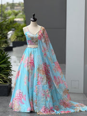 Lovely Blue Organza Embroidered Lehenga Choli