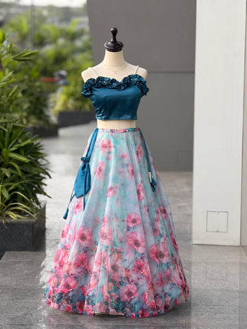 Exclusive Blue Satin with Digital Print Work Lehenga Choli