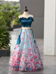 Exclusive Blue Satin with Digital Print Work Lehenga Choli