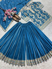 Preferable Embroidery Work Blue Color Palazzo Suit