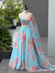 Lovely Blue Organza Embroidered Lehenga Choli