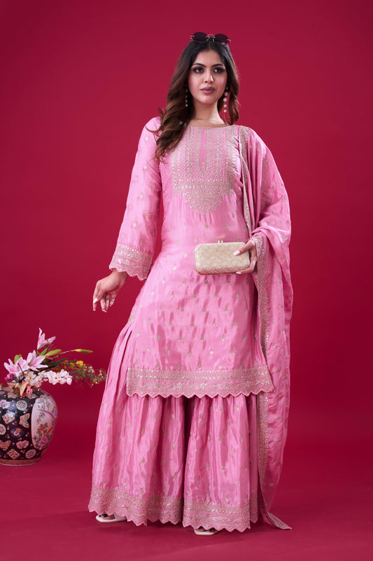 Delightful Chinon Silk Pink Color Sharara Suit