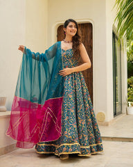 Lovely Teal Blue Organza Digital Printed Gown
