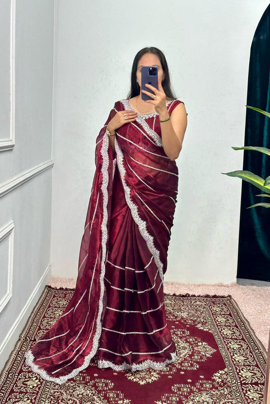 Peaceful Embroidery Zari Work Maroon Color Saree