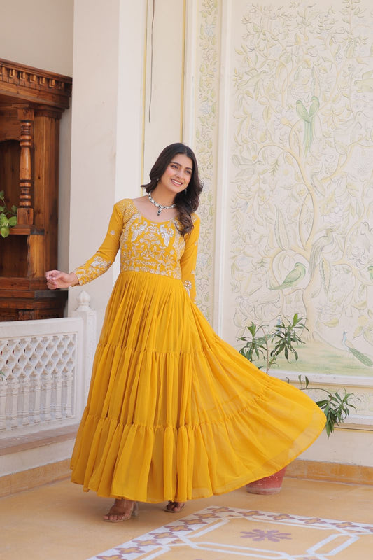 Glorious Sequence Work Yellow Color Long Gown