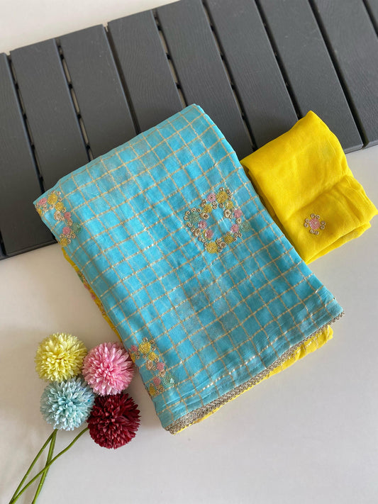 Fantastic Viscose Chiffon Sky Blue & Yellow Color Saree