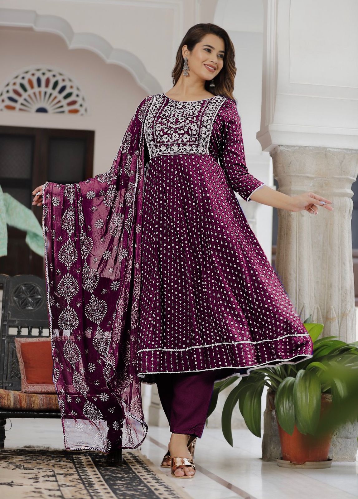 Fantastic Embroidery With Foil Print Wine Color Anarkali Suit