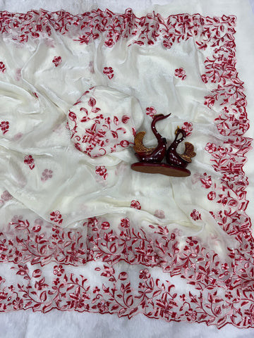 Stylish White Silk Thread Work Saree