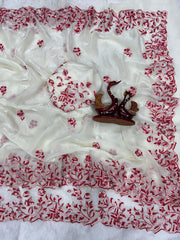 Stylish White Silk Thread Work Saree