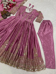 Lovely Onion Color Embroidery Work Anarkali Suit