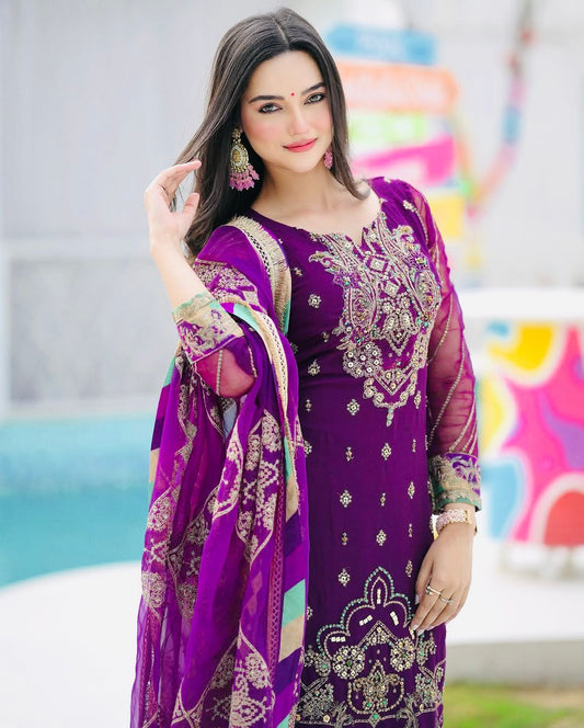 Marvelous Embroidery Work Purple Color Sharara Suit