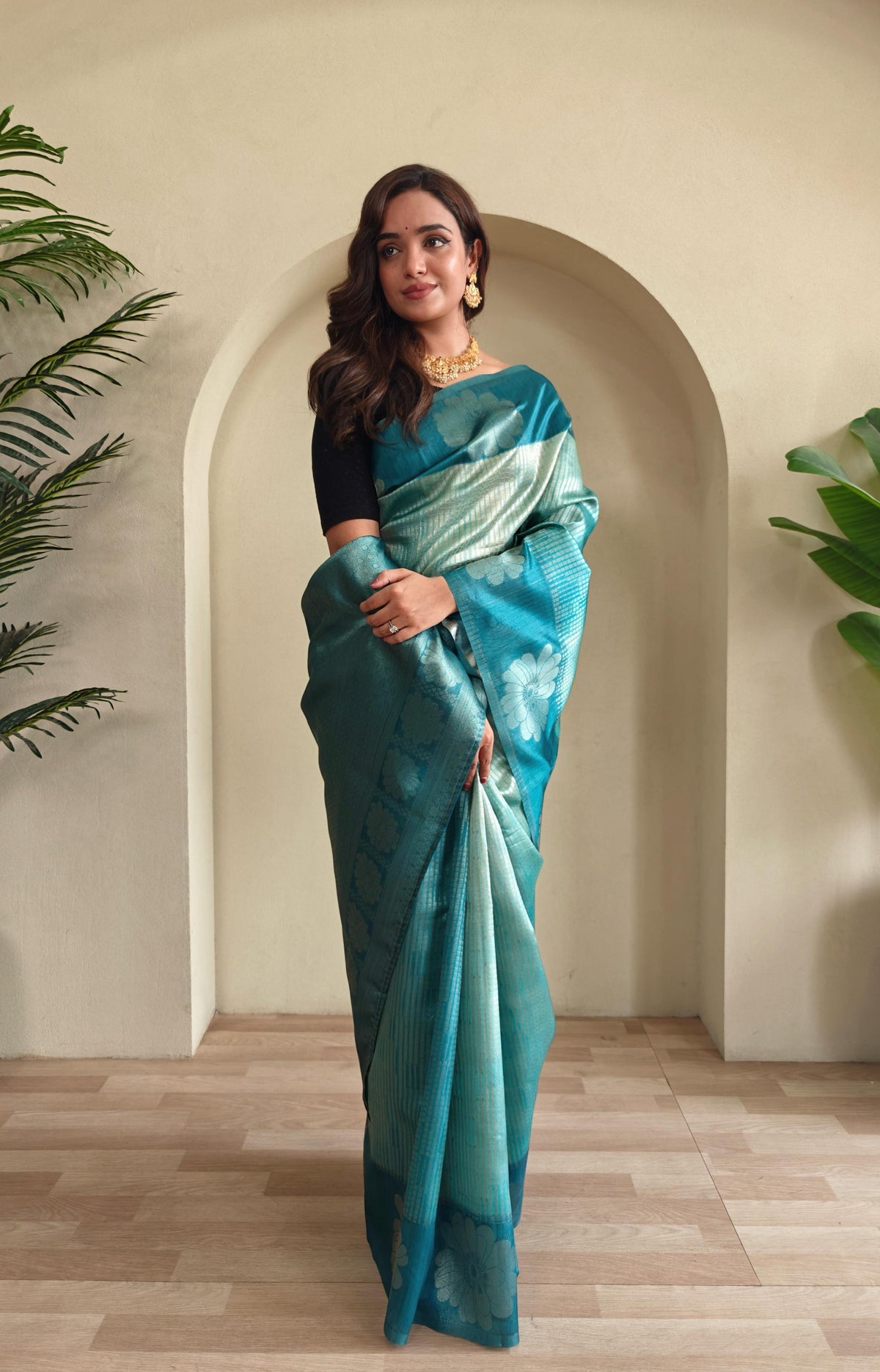 Wonderful Teal Green Color Flower Print Silk Saree