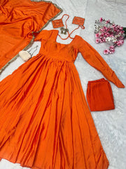 Fabulous Chinnon Silk Orange Color Anarkali Gown
