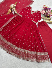 Wonderful Sequence Work Fully Stitched Red Gown